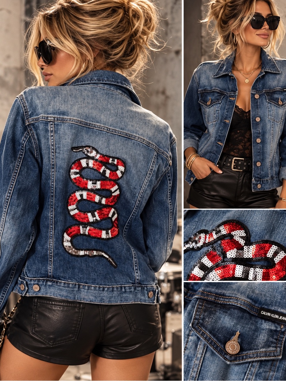 Calvin Klein Jeans Upcycled Sequin Snake Denim Jacket One of a Kind large